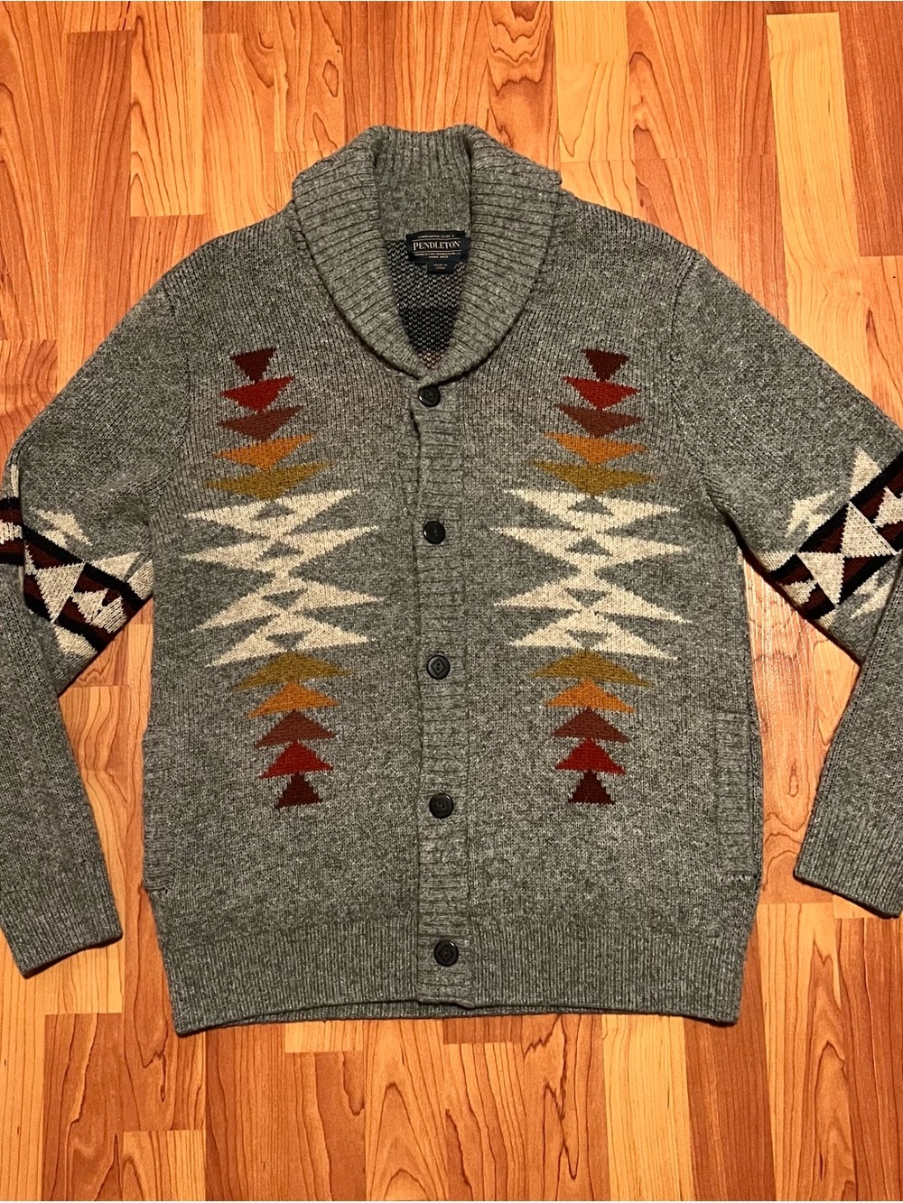 Pendleton Gray Shawl Collar Cardigan with Rust, Mustard and Cream Pattern